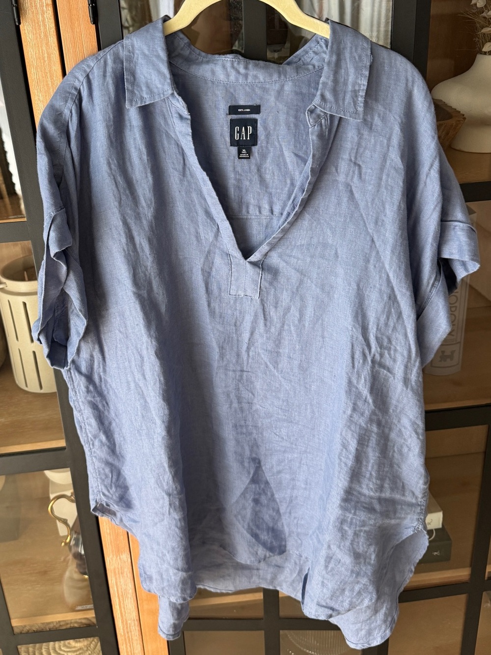 Gap linen popover short sleeve larkspur tunic shirt top collared curved hem